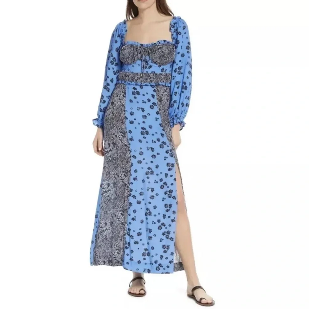 NWT Free People Tigerlily Long Sleeve Maxi Dress Blue Boho Vacay Relax